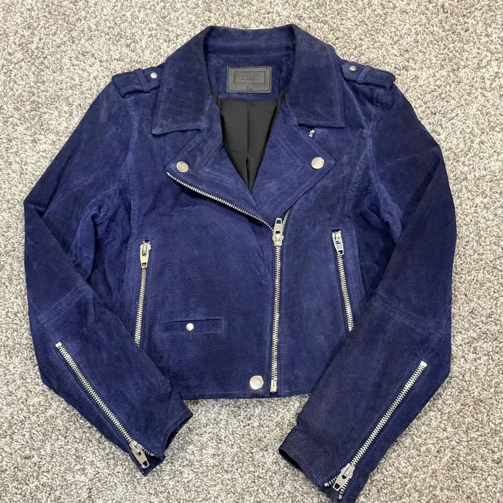 SL8 Navy‎ Blue Suede Leather Cropped Biker Jacket Womens Size L 18 P2P x 20 L